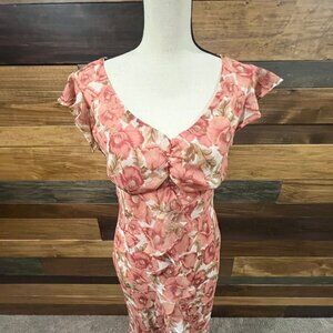 90's Y2K Pink Peach Floral Flowing Ruffled Summer Dress, Size 11/12